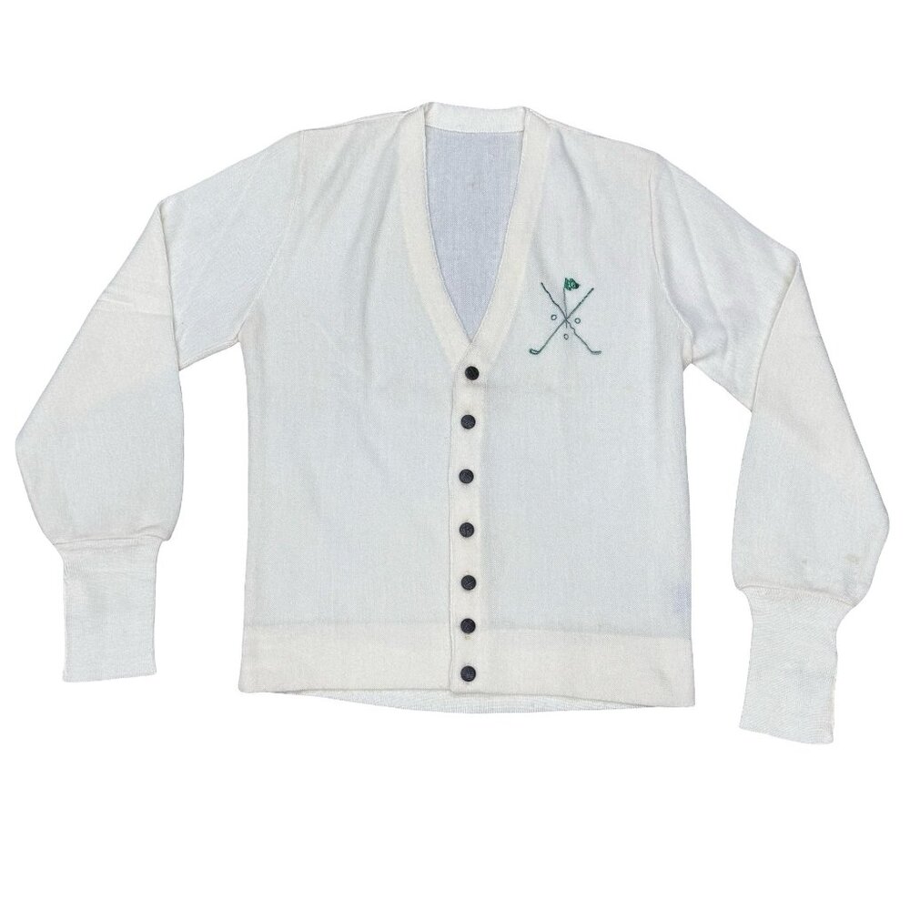 Kings Club Cardigan White Golf Sweater Fancy Button Up Embroidered Green Flag M